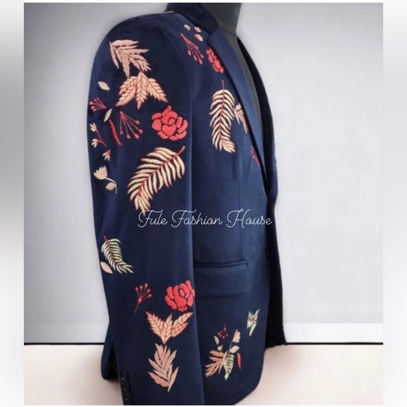 ASOS Men 2pc Blue Velvet Suit Personalized Floral Embroidered Lapel Designer - Picture 16 of 16